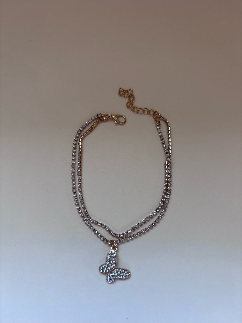 Gold Crystal Double-Row Bracelet with Butterfly Charm